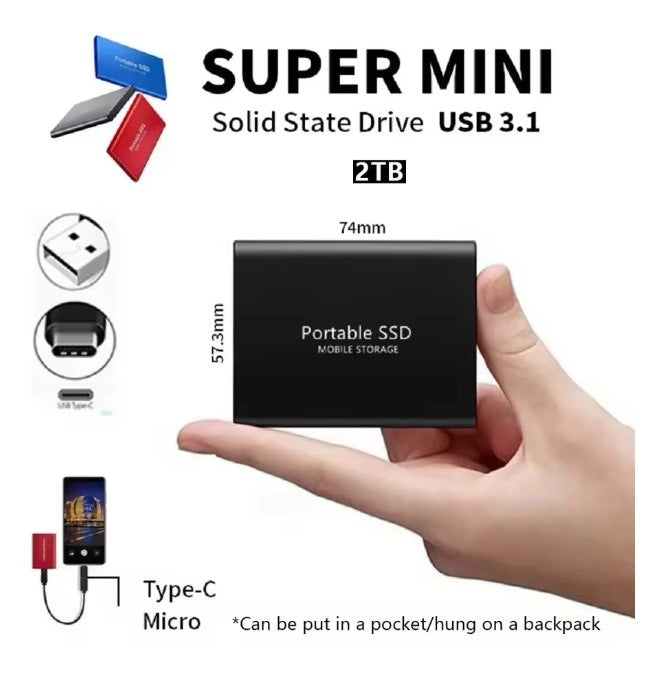 Portable SSD 2TB Original Hard Disk USB3.1 High Speed Hard Drive Type-C Solid Disk External SSD for Phone/Laptop/Mac/PC/TV