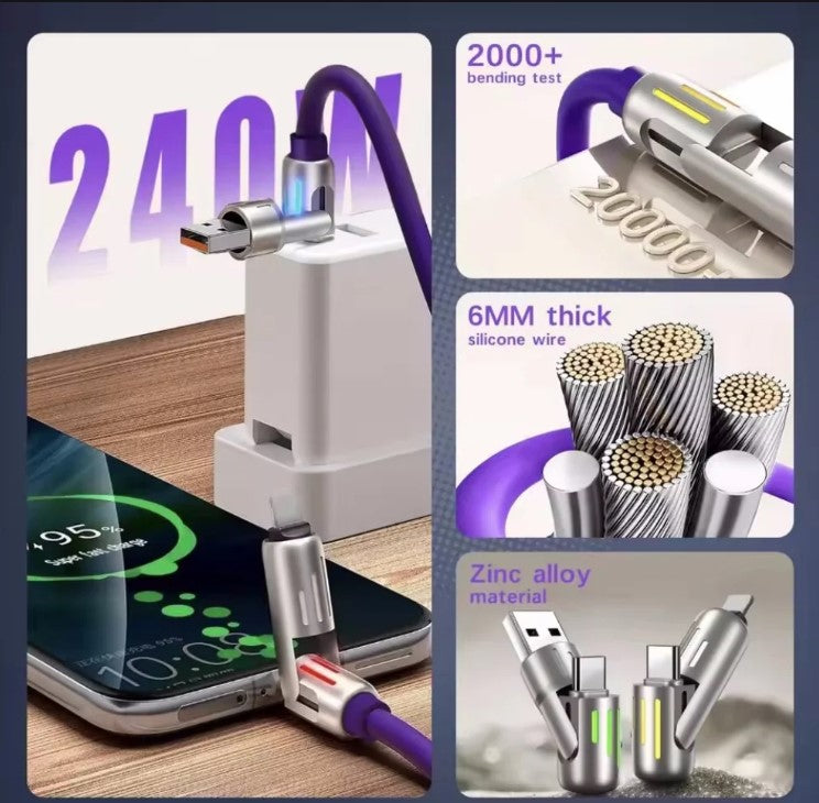 4-in-1 USB Charging Cable Fast Charging MAX 240W Lightning Multi Functional Aluminium Alloy 240W suitable for iPhone, Samsung, Android