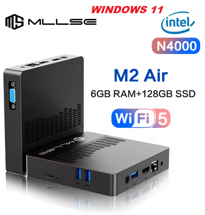 MLLSE Mini PC M2 Air Intel Gemini Lake N4000 Intel J3710 Windows 11 6GB RAM 128GB SSD - Dual-Band Wi-Fi Bluetooth USB Mini Computer