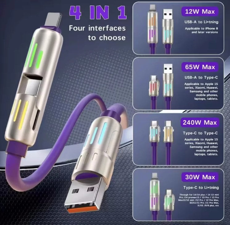 4-in-1 USB Charging Cable Fast Charging MAX 240W Lightning Multi Functional Aluminium Alloy 240W suitable for iPhone, Samsung, Android