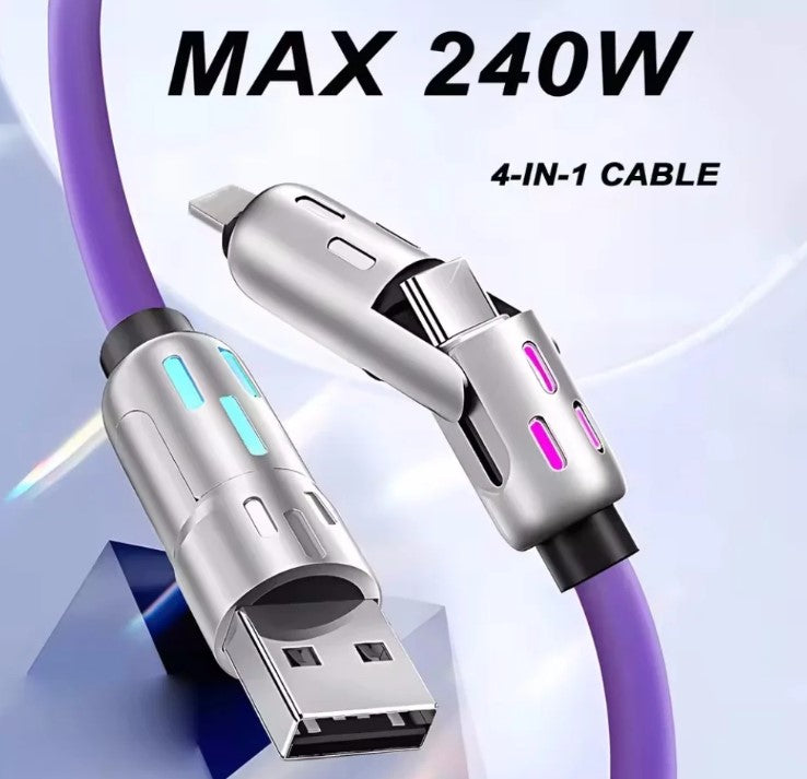 4-in-1 USB Charging Cable Fast Charging MAX 240W Lightning Multi Functional Aluminium Alloy 240W suitable for iPhone, Samsung, Android