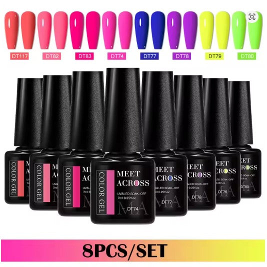 MEET ACROSS 8Pcs/Set Gel Nail Polish Set for All Season Neon Marcaron Green Red Series UV Gel Varnish Manicure Kit Nail Supplies