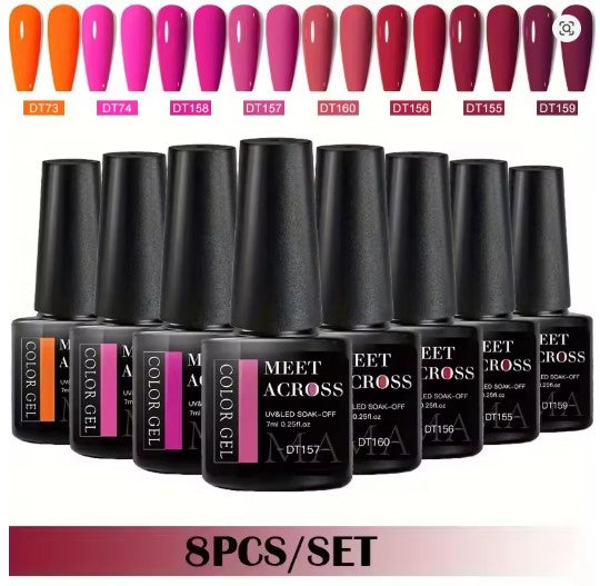 MEET ACROSS 8Pcs/Set Gel Nail Polish Set for All Season Neon Marcaron Green Red Series UV Gel Varnish Manicure Kit Nail Supplies