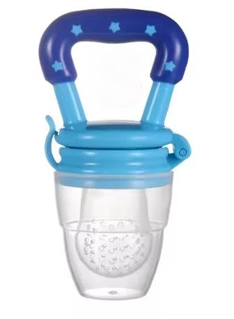 Blue and clear baby food feeder on a white background