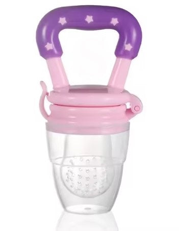 Pink and purple baby food feeder on a white background