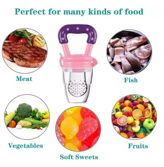 Baby food feeder with images of food types it can hold.