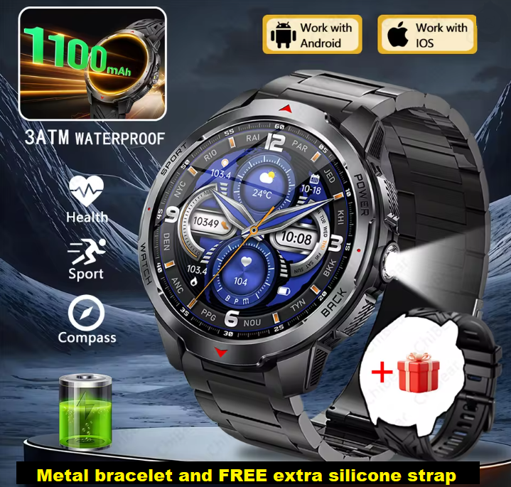 The best smartwatch at an incredible price - Military Outdoor Smart Watch Men 1.7inch Screen Compass Bluetooth Call 3ATM Waterproof  1100mAh Super Capacity Battery Need charge after one week or more!