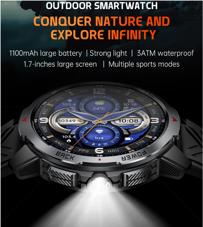 The best smartwatch at an incredible price - Military Outdoor Smart Watch Men 1.7inch Screen Compass Bluetooth Call 3ATM Waterproof  1100mAh Super Capacity Battery Need charge after one week or more!